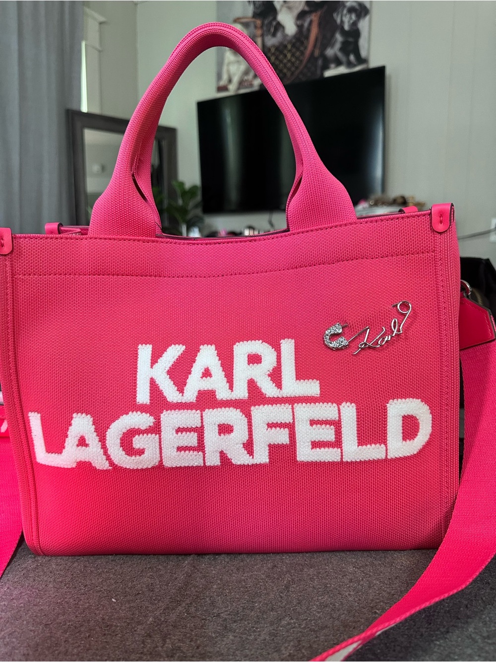 Karl Lagerfeld Bright Pink Logo Canvas Tote with Strap